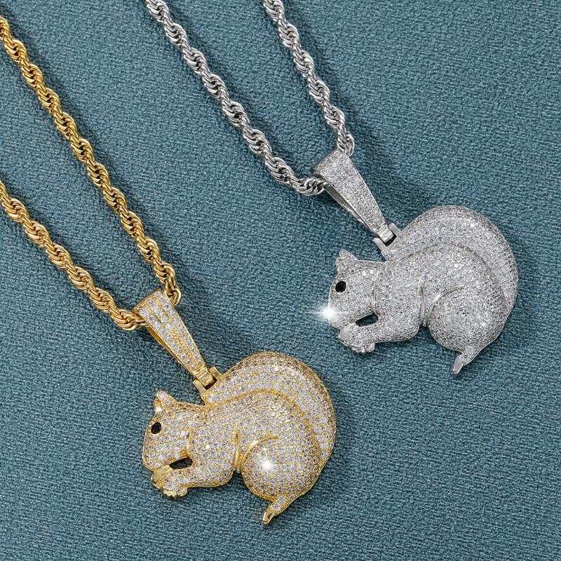 

Pendant Necklaces Cute Lovely Little Squirrel Gilded Iced Out Cubic Zircon Necklace 24'' Chain Charms Bling Hip Hop Jewelry, Silver