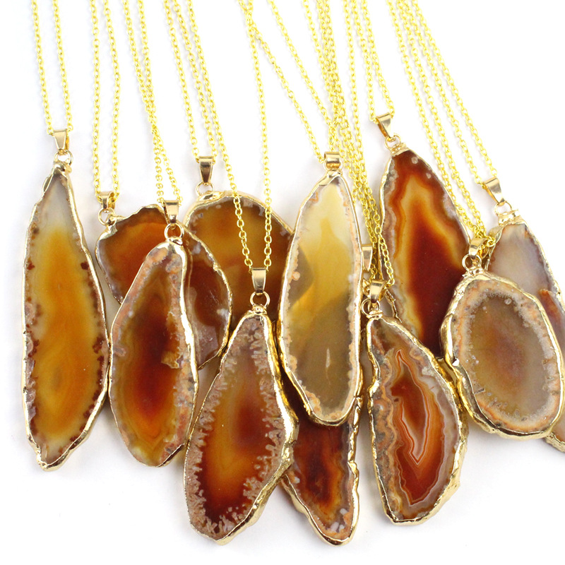 

Gold Plated Natural Geode Stone Multicolor Agate Pendant Necklace
