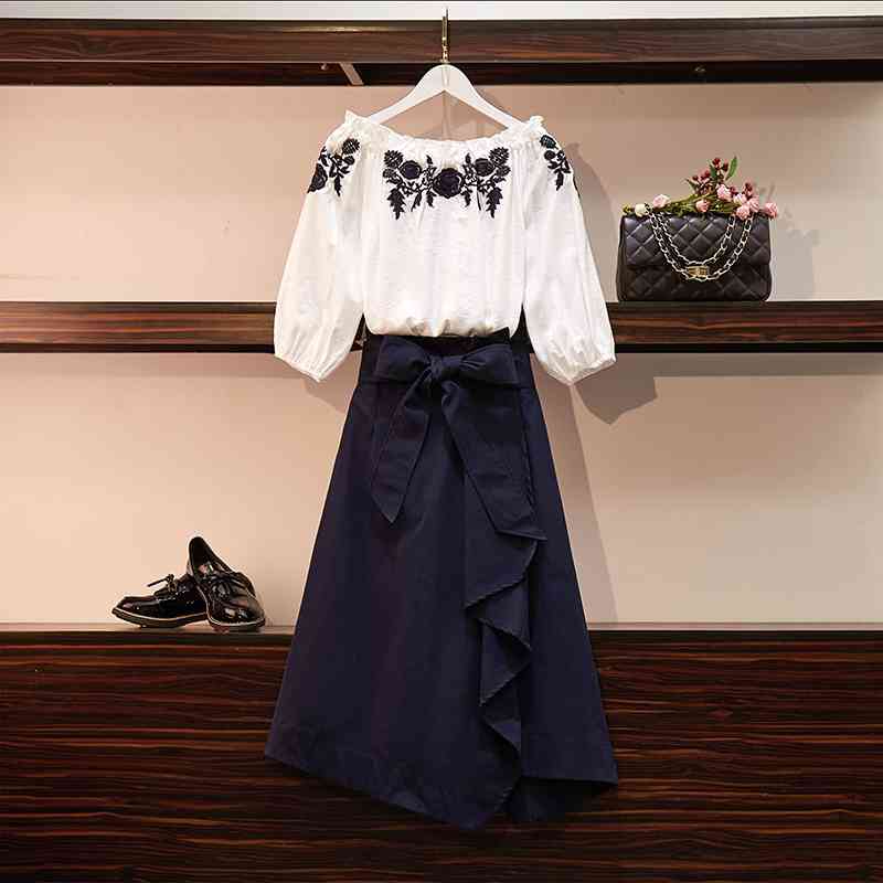 

Summer Autumn Women Retro Style Floral Sleeves Shirts + irregular Skirt 2 pcs sets Fashion Female Suits A1250 210428, Gray