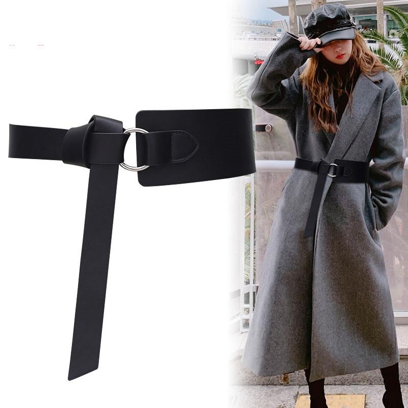 

Belts Real Leather For Women Wide Soft Cowskin Waistbands Silver Circle Buckle Knotted Long Cummerbund Dress Coat Waist Seal, Black;brown