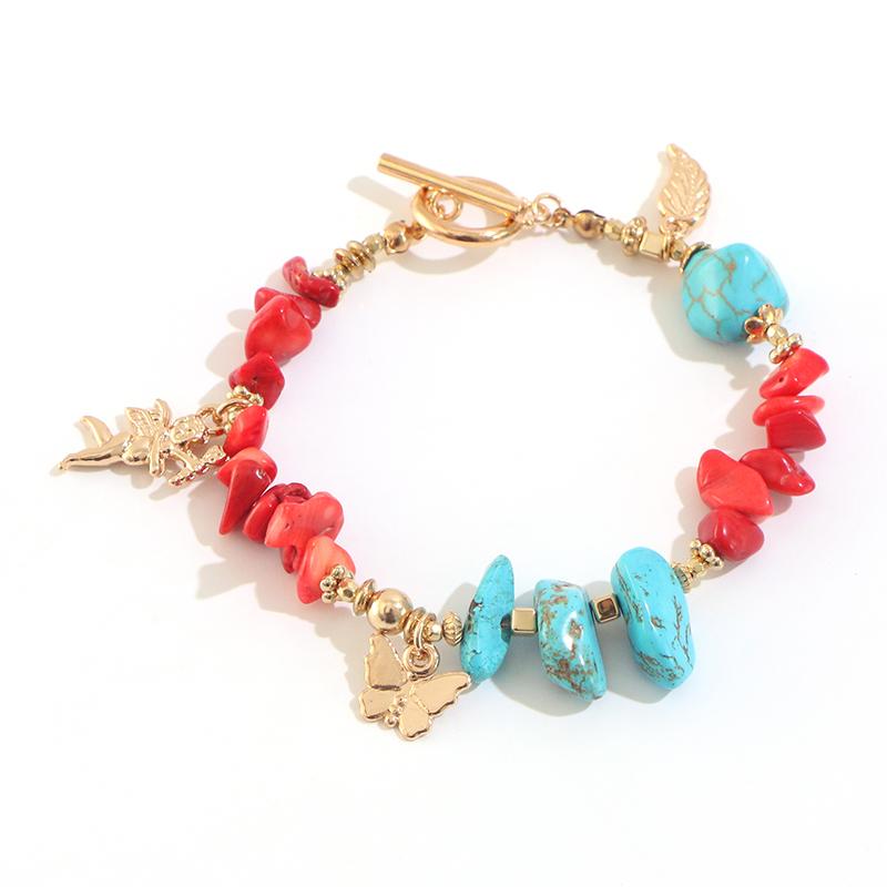 

Bangle Creative Handmade Natural Stones Red Coral Synthetic Turquoises Alloy Leaf Butterfly Pendant Bracelet Female