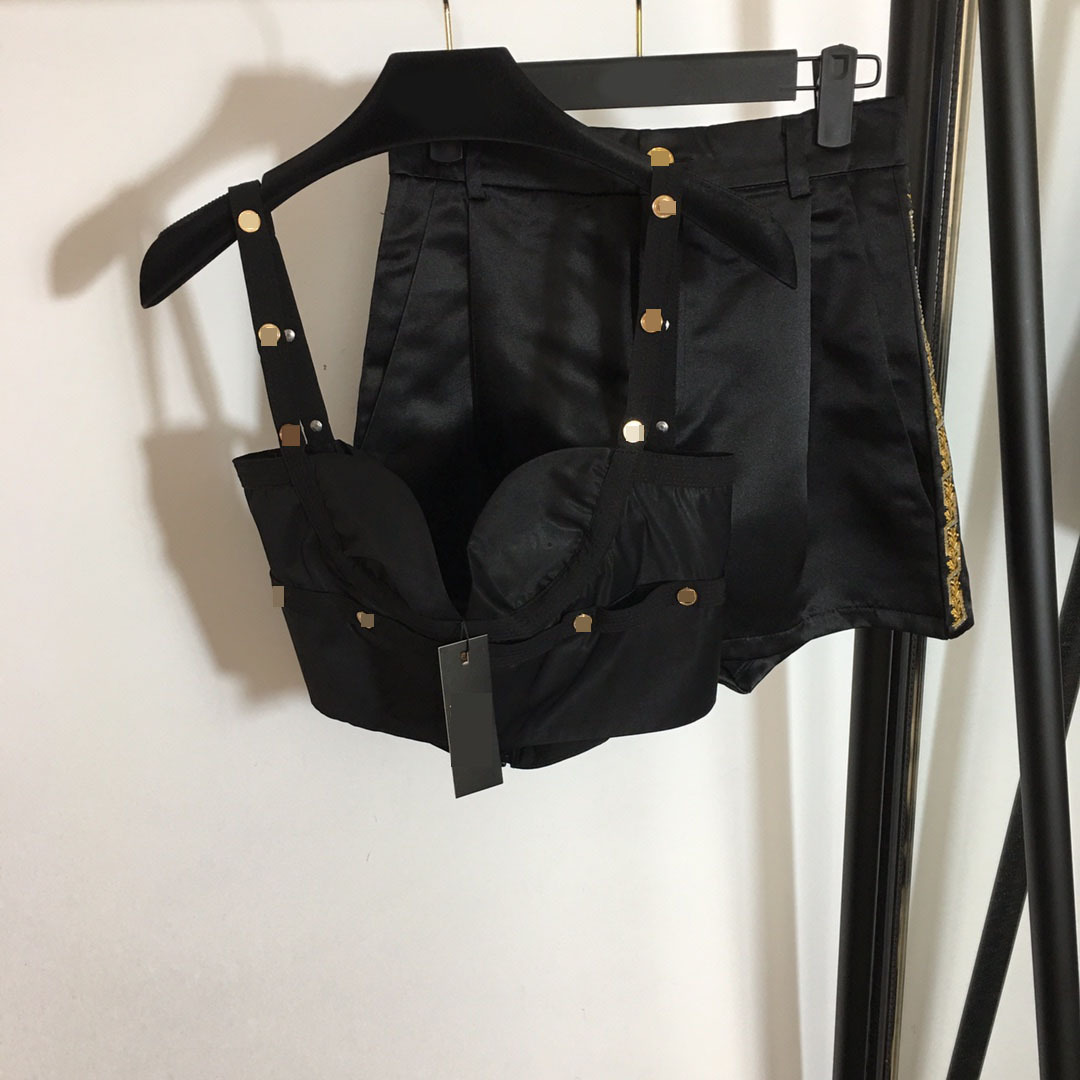 

625 2021 Minlan Style Spring Summer Brand Same Style Two Pieces Sets Short Pants Black Empire Short Sleeve High Quality meiyi, Customize