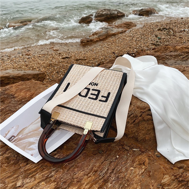 

Sole by designer red canvas straw woven tote bag women's letter one shoulder diagonal handbag new purse, White