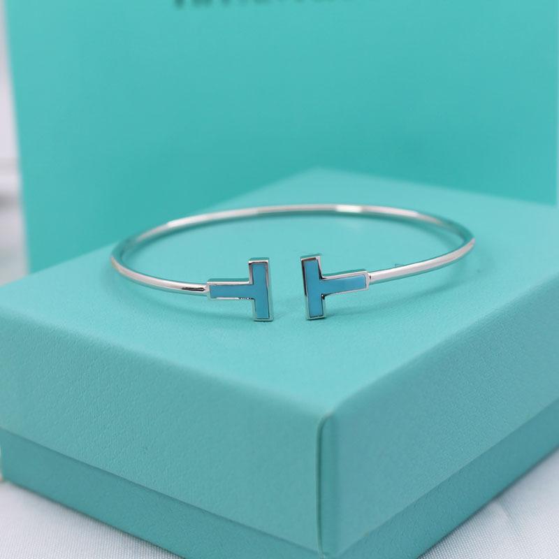 

Classic sterling silver European and American T letter double T open luxury bracelet female mother-of-pearl inlaid crystal diamond letter T, Black