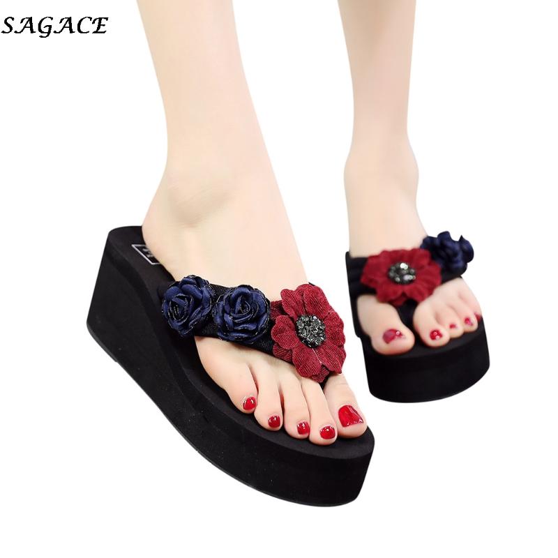 

Women Slippers Flip Flops Bohemian Flower Ladies Summer Casual Beach Slipper 2021 Fashion Girl Wedges Shoes, Black