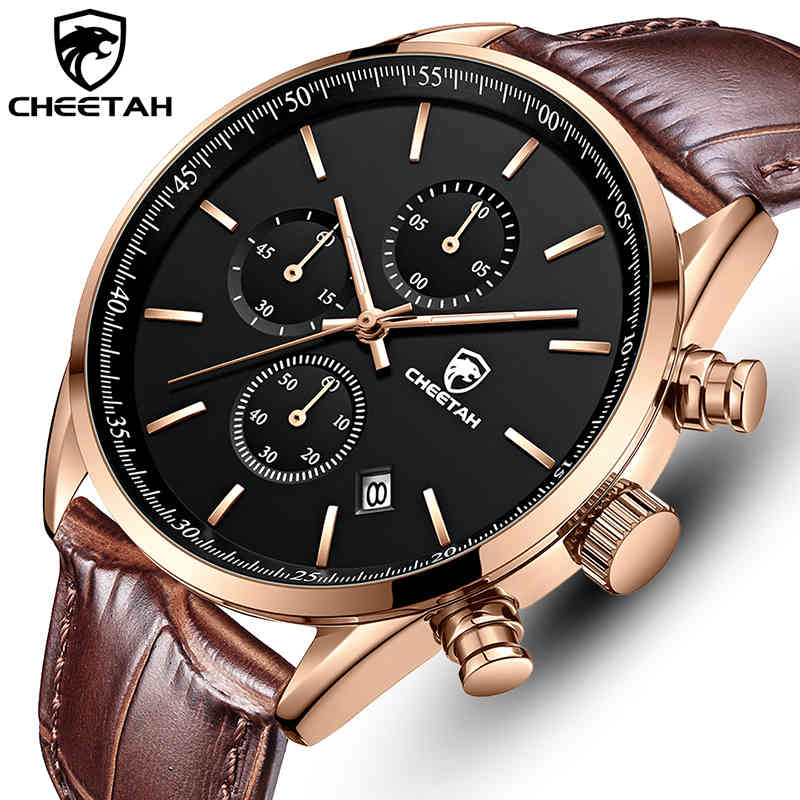 

Men Watch CHEETAH Waterproof Quartz Men Watches Chronograph Sport Wristwatch Leather Business Male Clock Watch With Box 210517, Rg bn box