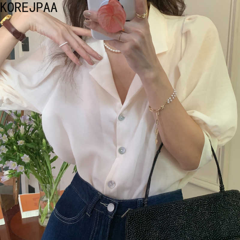 

Korejpaa Women Shirt Summer Korean Chic Simple Lapel Single-Breasted Loose Solid Color Casual All-Match Puff Sleeve Blouses 210526, White