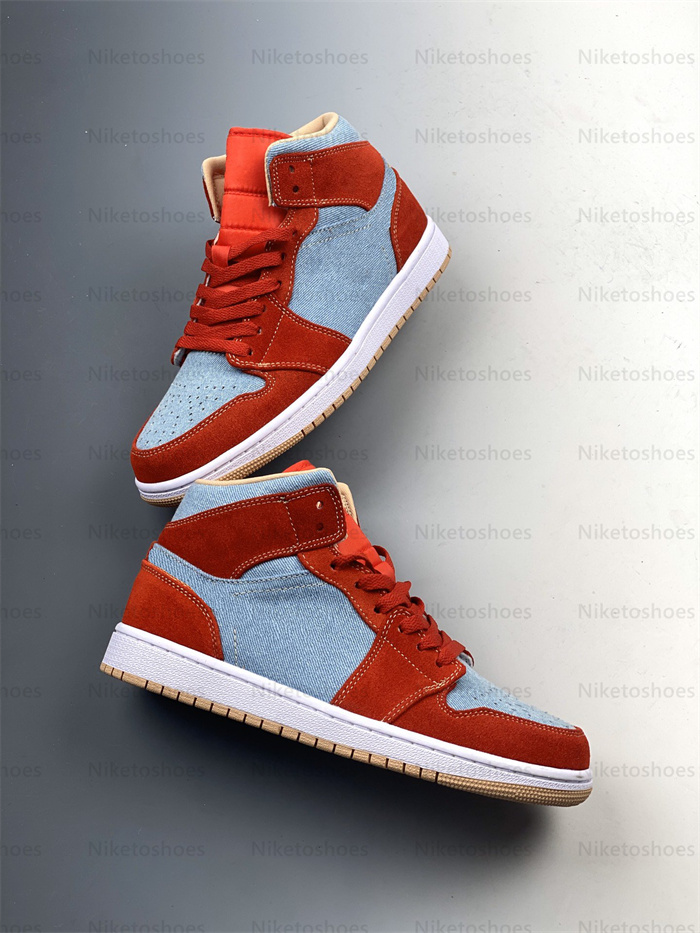 

Denim 1 Mid Red Suede Basketball Shoes 1s Tan Men Womens Trainers Sports Sneakers, 01