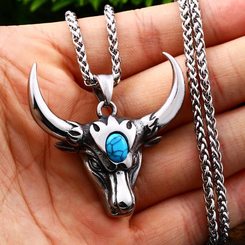 

Pendant Necklaces Punk Bull Necklace Men Gold/Silver Color Stainless Steel Cattle Head With Blue Stone Fashion Hip Hop Jewelry