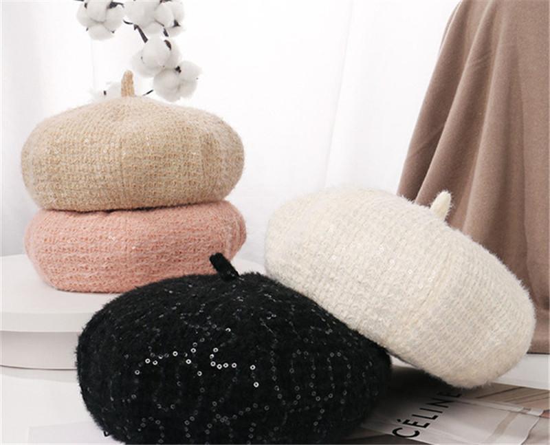 

Berets 202111-2509216 Autumn Winter Sequins Imitation Mink Velvet Warm Grace Leisure Beret Hat Women Painter, White