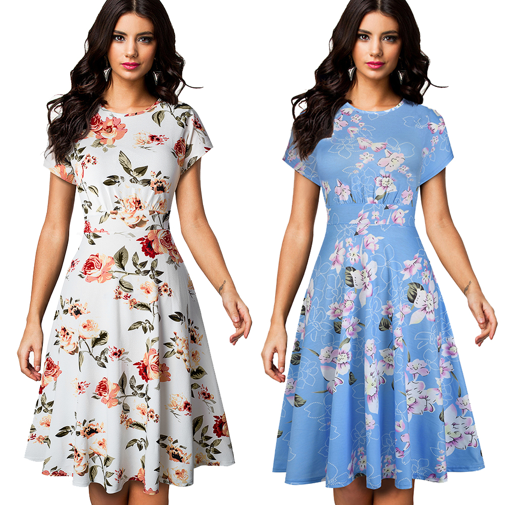 

2021nice-forever vintage elegant floral print pleated round neck vestidos a-line pinup business party women flare swing dress a102, Black;gray