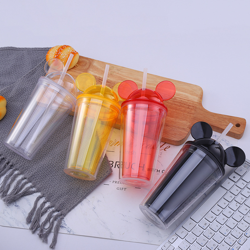 

450ML Tumblers cute mouse ears plastic double wall transparent ice water bottle tumbler cup juice summer drink coffee straw bottles, As shown