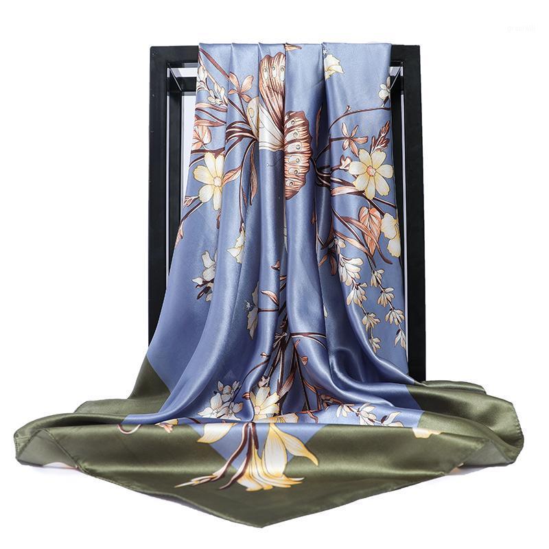 

Scarves 2021 Flowers Silk Women Foulard Square Head Hijab Scarf Ladies Shawl 90X90cm Bandanna Large Wrap Muffler, Blue;gray
