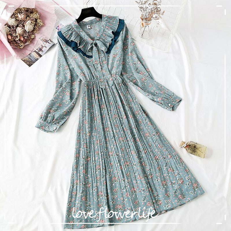 

Vintage Floral Print Chiffon Dress Spring Summer Midi Long Pleated dress Women elastic waist Vestido elegant dress 210521, Long sleeve green