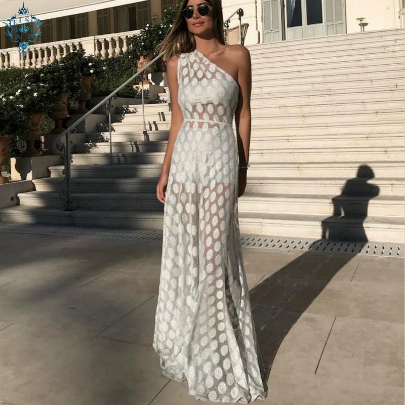 

Evening Dresses Ameision Women Sexy One -shoulder Sleeveless Dress Polka-dot Perspective Long Club Party, Black;red