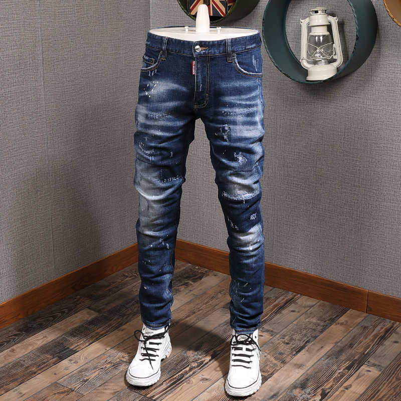 

Italian Style Fashion Men Jeans High Quality Retro Blue Vintage Designer Ripped Denim Pants Streetwear Slim Fit Hip Hop Trousers, Retro dark blue