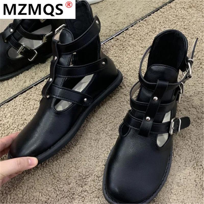 

Boots 2021 Summer Women Ankle Handmade Genuine Leather Hollow Out Women's Shoes Fashion Vintage Buckle Sandals Low-heeled, Black