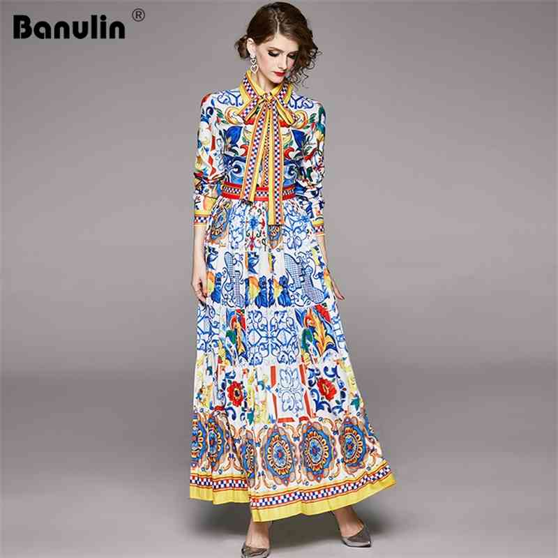 

Banulin Fashion Runway Maxi Dresses Spring Women's Long Sleeve Blue and White Porcelain Floral Print Holiday Dress 210603