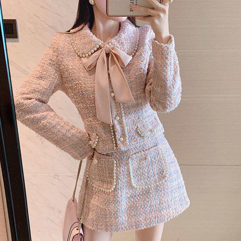 

Two Piece Dress Mode autumn tweed skirt all female beading bowknot chess jacket pink + mixtures of mini pocket wool suits two joint parts 3HKS, 1# shoe box