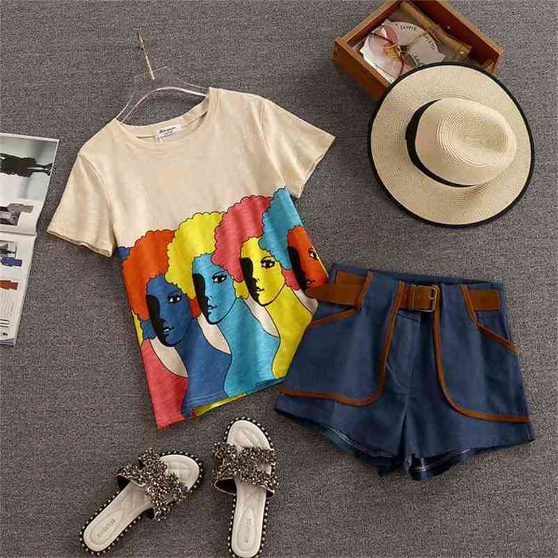 

High-waisted Rivet Denim Shorts Suit Female Summer Streetwear Avatar printing Tees+ Pocket Short Jeans 2 Piece sets With Belt 210602, Only tshirt