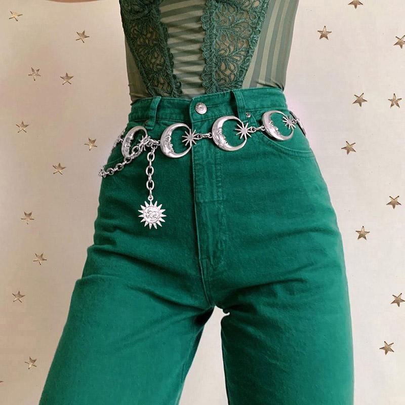 

Belts 2021 Women Fashion Punk Moon Sun Metal Vintage High Waist Chain Waistband Gothic Sliver Pendant Ladies Accessories, Black
