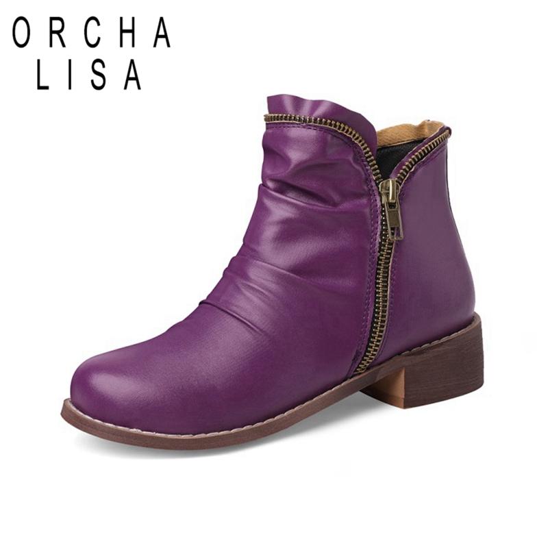 

Boots ORCHALISA 2021 Retro Ankle Knight Zip Pleated Block Heel Short Plush Shoes Big Size 32-54 Red Green Black Brown Blue A4490