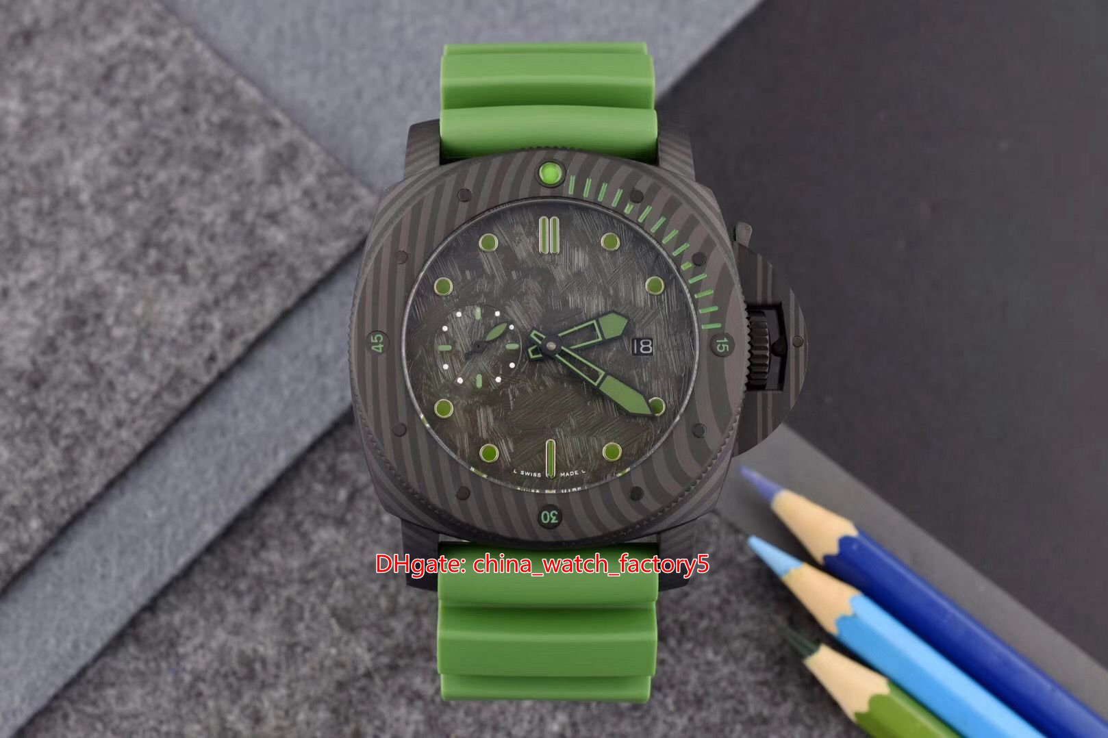 

Topselling Top Quality Watches Green 47mm Submersible PAM961 PAM00961 PAM 961 00961 Carbon Fiber Rubber Bands Mechanical Automatic Mens Men's Watch Wristwatches, No box papers