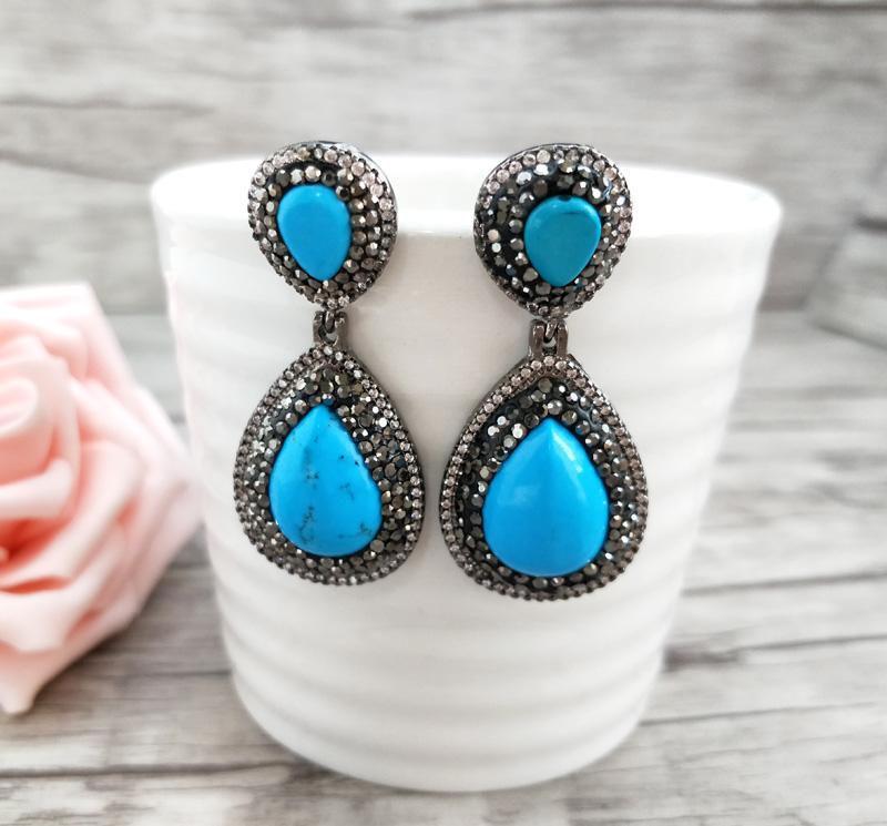 Pairs Fashion Water-drop Earrings Pave Black Rhinestone Blue Stone Charm Handmade Jewelry For Women ER670 Dangle & Chandelier-image-697110823