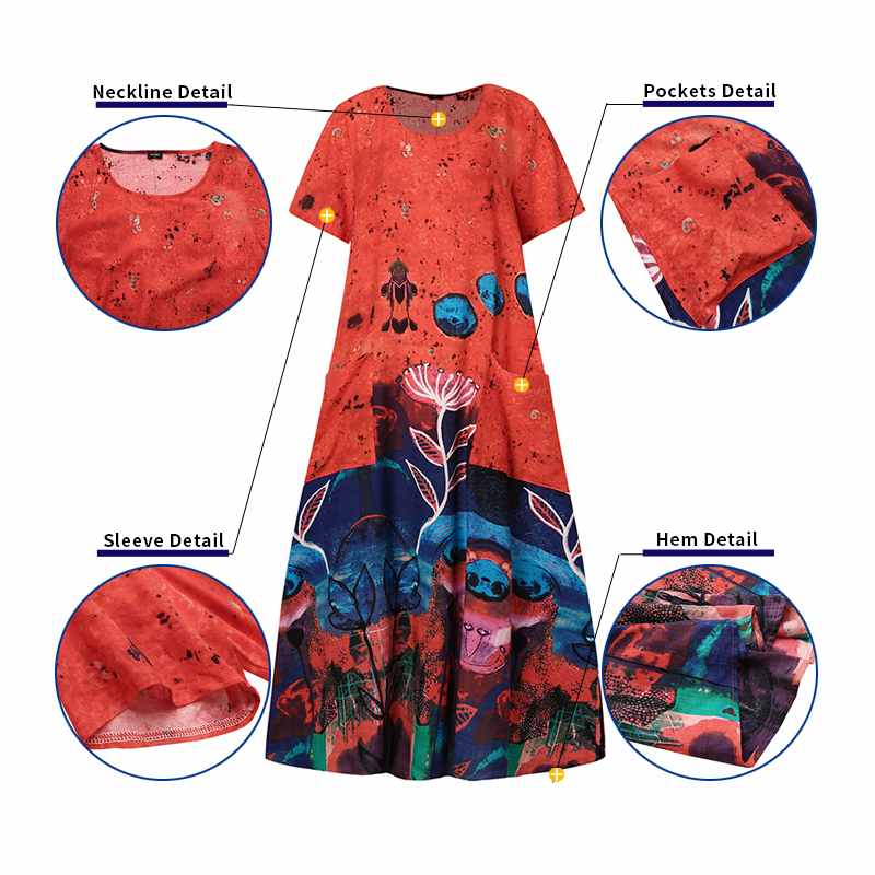 

2021patchwork floral printed sundress vonda casual short sleeve maxi dress womens autumn stylish robe female cotton linen dresses, Black;gray