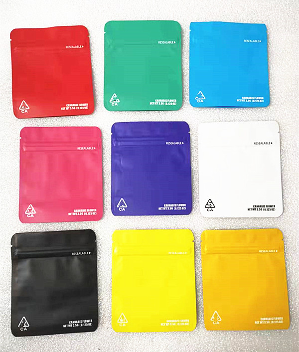 

blank mylar bag 3.5g flower edibles packaging 10*12cm resealable zipper red black white green blue purple custom print logo