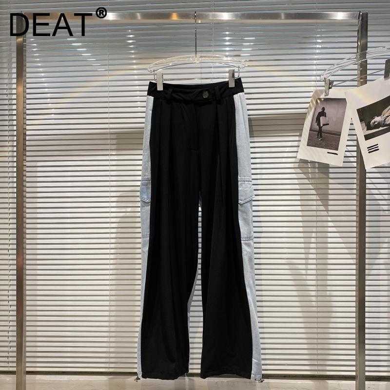 

DEAT Women Side Double Pocket Denim Stitching Front And Back Contrast Pants Temperament Fashion Spring Summer 11D1372 210709, Black
