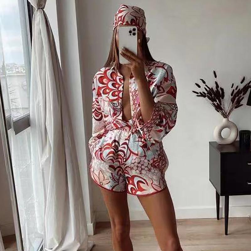 

Women's Tracksuits ZXQJ Vintage Women Red Peahen Print Shorts Suit 2021 Summer Fashion Ladies Loose Satin Boho Two Piece Set Girls Chic Shir