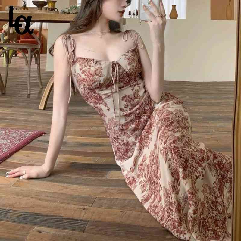 

French Retro Elegant Strap Dress Womem Vintage Sweet Temperament Sexy Party Midi Bandage Casual Long 210519