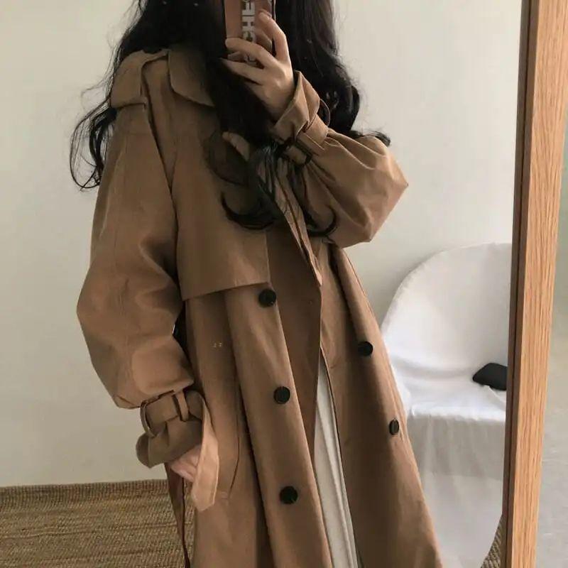 

Women Trench Coat Long Style Temperament Bow Sashes Double-breasted Adjusted Student All-match Chic Ulzzang Slim Overcoat Trendy Ins, Black
