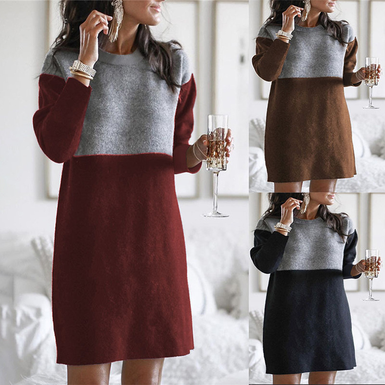 

Cross-Border European and American 2020 Autumn and Winter Womens Online Red New Loose plus Size Crew Neck Long Sleeve Dress Sweater Patchwor, White;black