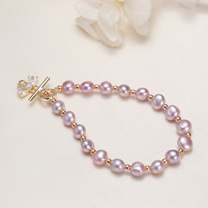 Women Style Top Grade 7MM Fresh Water Pearl Beads Strand Bracelet with Bee Charm-image-754182957