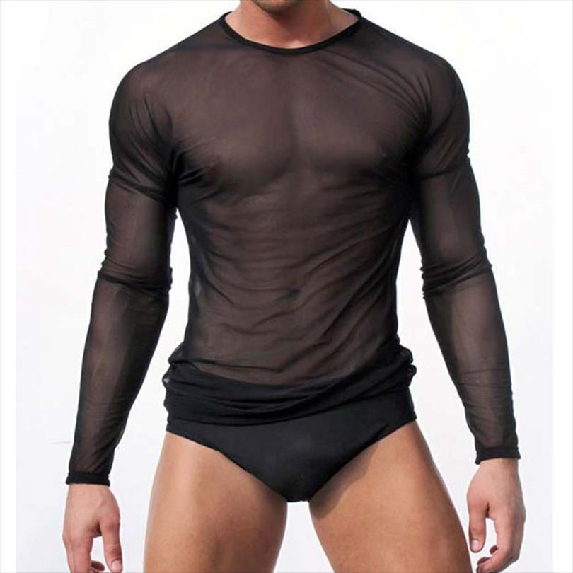 Sexy Transparent Sheer See Through Men T Shirts Mesh Long Sleeve Undershirt Fitness Tight Black White Lounge Tees-image-710816993