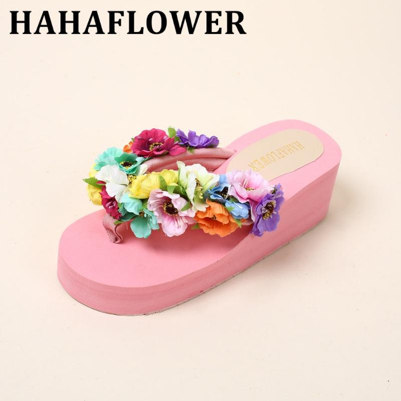 

Slippers HAHAFLOWER 2021 Summer Women Fashion Flip Flops Beach Platform Sandals Ladies Handmade Flowers Wedge Shoes, Black