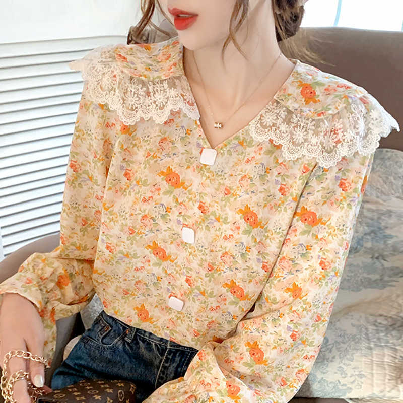 

Blouse Women Blusas Mujer De Moda Long Sleeve Lace V-Neck Print Chiffon Blouse Shirt Women Tops Blusa Women Clothing D826 210602, Apricot pink