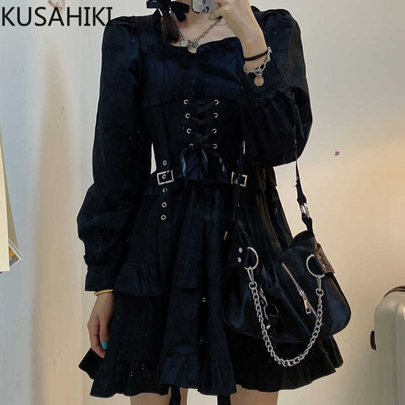

KUSAHIKI Woman Dress Korean Slim Waist Bandage Dresses Spring Puff Sleeve Square Collar Ruffle A-line Mini Vestidos 6F452 210602, Black
