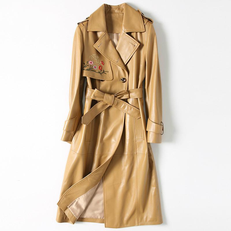 

Women's Leather & Faux Real Sheepskin Coat Women Long Autumn Genuine Jacket Embroidery Double Breasted Trench Female With Belt F11692, Black