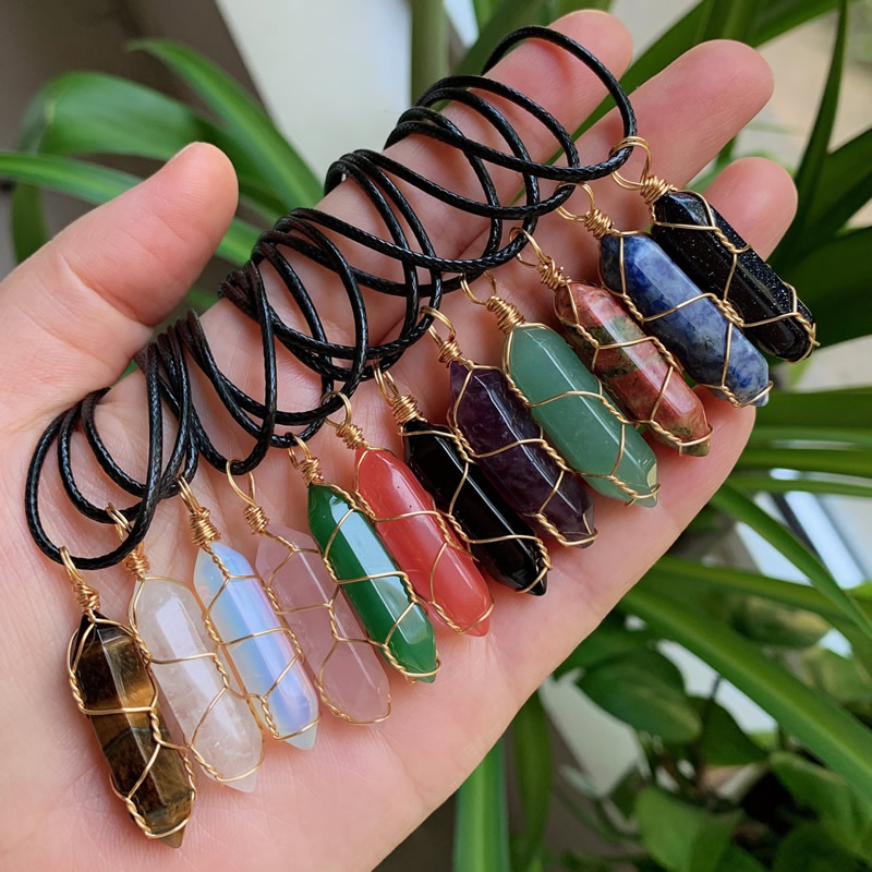 

Gold Color Copper Wire Wrap Natural Stone Pendulum Pendant Reiki Healing Crystal Necklace Hexagonal Bullet Amethyst Pink Quartz Chakras Pendulo Jewelry