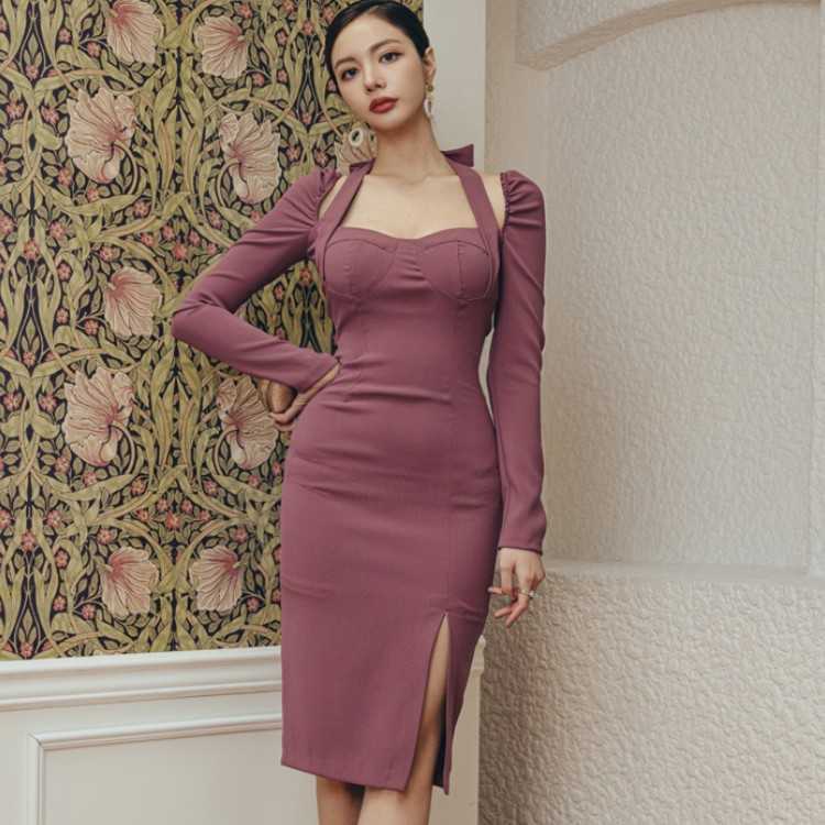 

Office Ladies Sexy Backless Women Dress Spring Elegant Fashion Long Sleeve Slim Waist Split Sheath Female 210526, Photo color