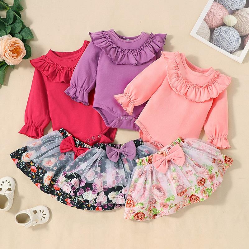 

Clothing Sets 0-18M Cute Born Baby Girl Long Sleeve Cotton Bodysuit Tops Tutu Flower Bow Skirt 2PCS Outfits Clothes Set, White