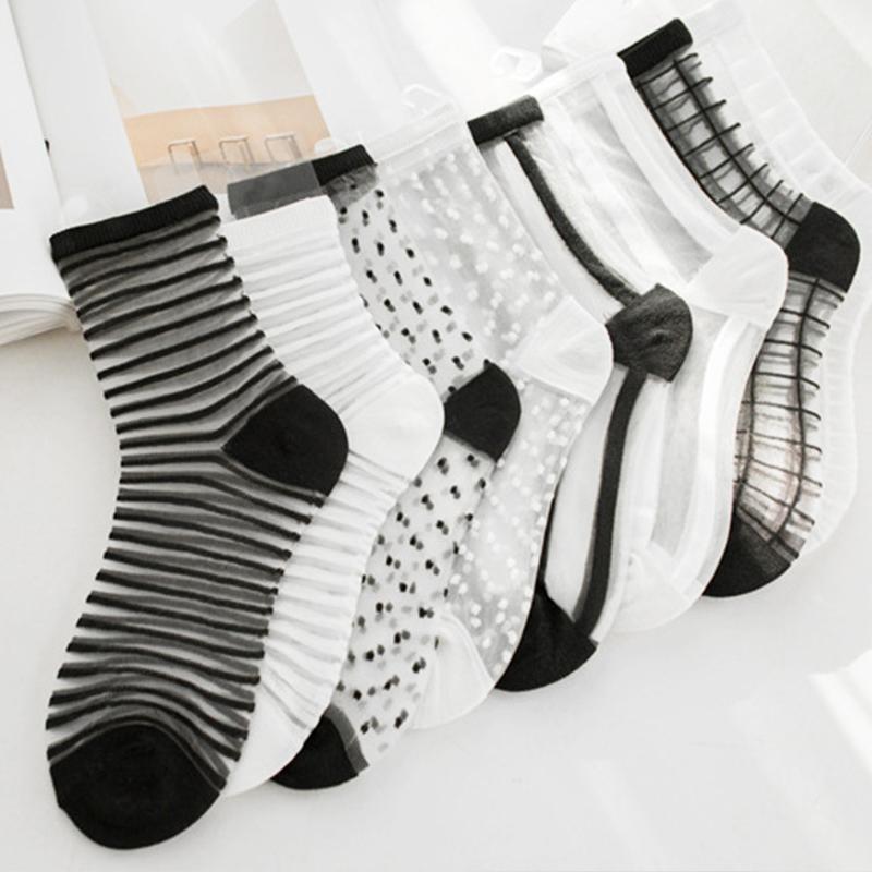 

Socks & Hosiery Sexy Lace Mesh Fishnet Women Summer Ultra-thin Transparent Crew Harajuku Retro Casual Striped Black White Long, 1 pair random send