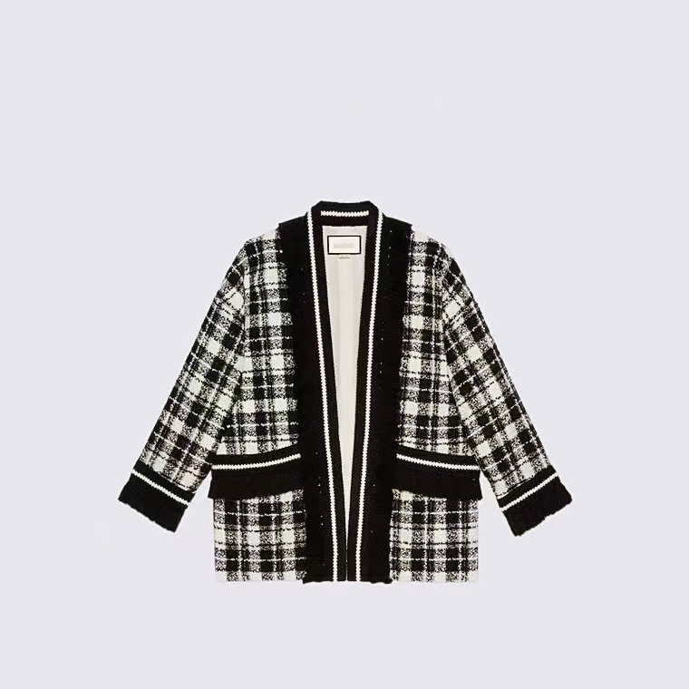 

Fashion Jacket Ladies Designer Autumn And Winter Classic Black Ands White Checked Woolen Cloth Mid-Length Loose-Fitting Outer Jackets, Mass customization