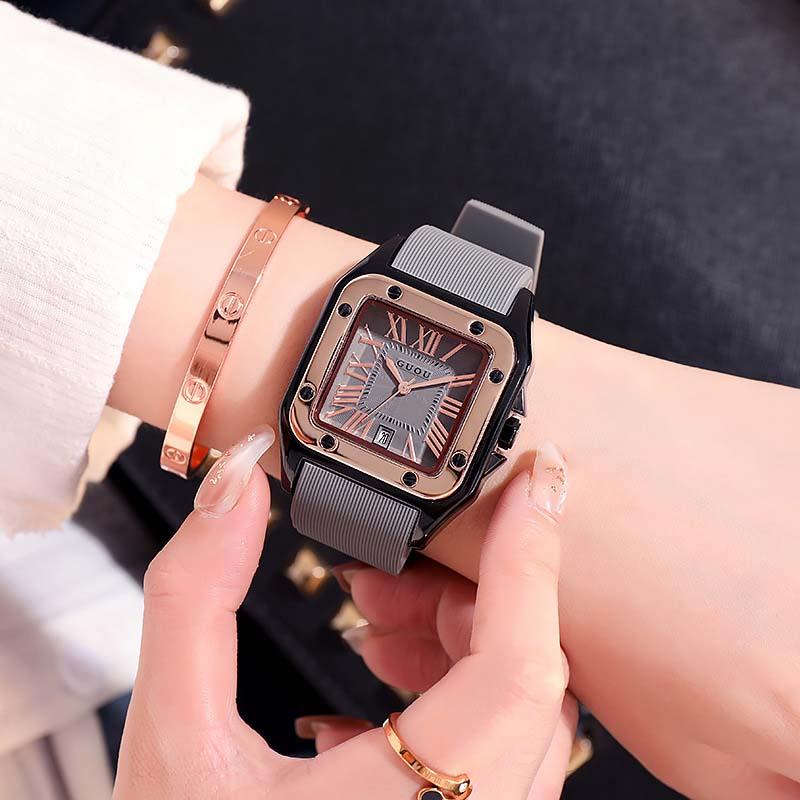 

Wristwatches GUOU Quartz Square Watch Women Waterproof Rubber Strap Fashion Women's Wristwatch 24-hour Indication, Calendar, No.1