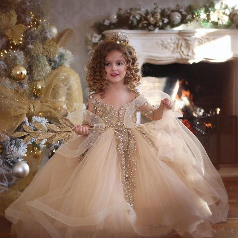 Champagne Ball Gown Girls Pageant Dresses Long Sleeves Pearls Lace Applique Princess Tulle Puffy Kids Flower Girls Birthday Gowns