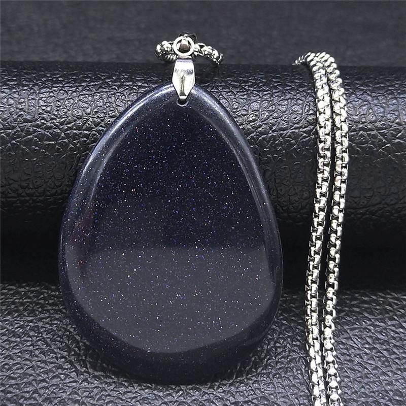 Pendant Necklaces Natural Stone Blue Sandstone Stainless Steel Necklace Chains Jewelry Making Women/Men Collar Piedras NXS04-image-697779510