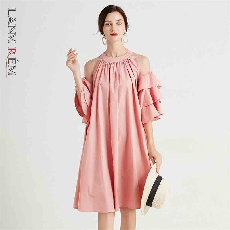 

Summer Dress For Women Loose Temperament Large Size Female Lotus Leaf Mesh Patchwork Sleeve Dresses 2D3643 210526, Black